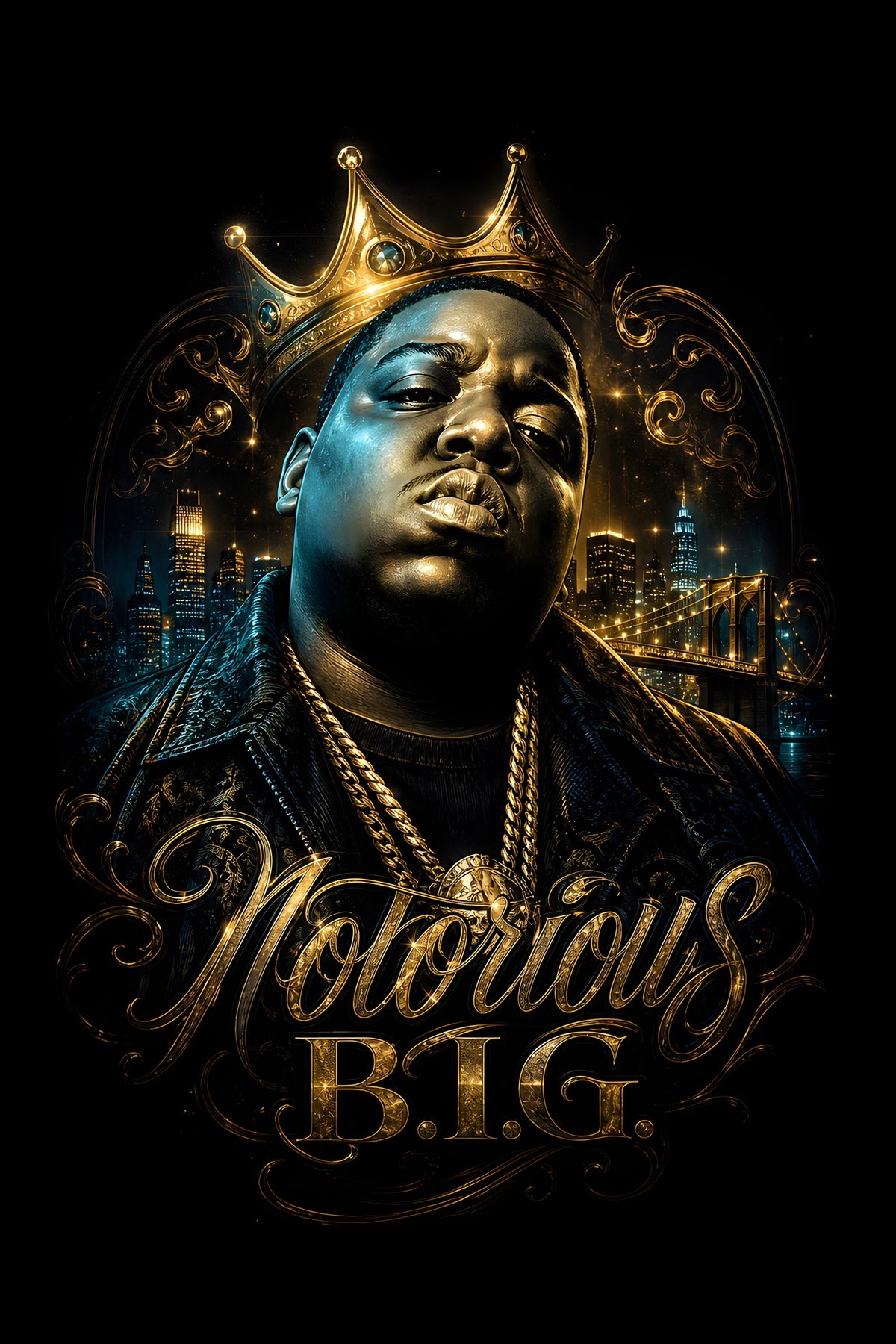 Notorious B.I.G. Gold Crown - Halftone DTF transfer - Prints best on darks