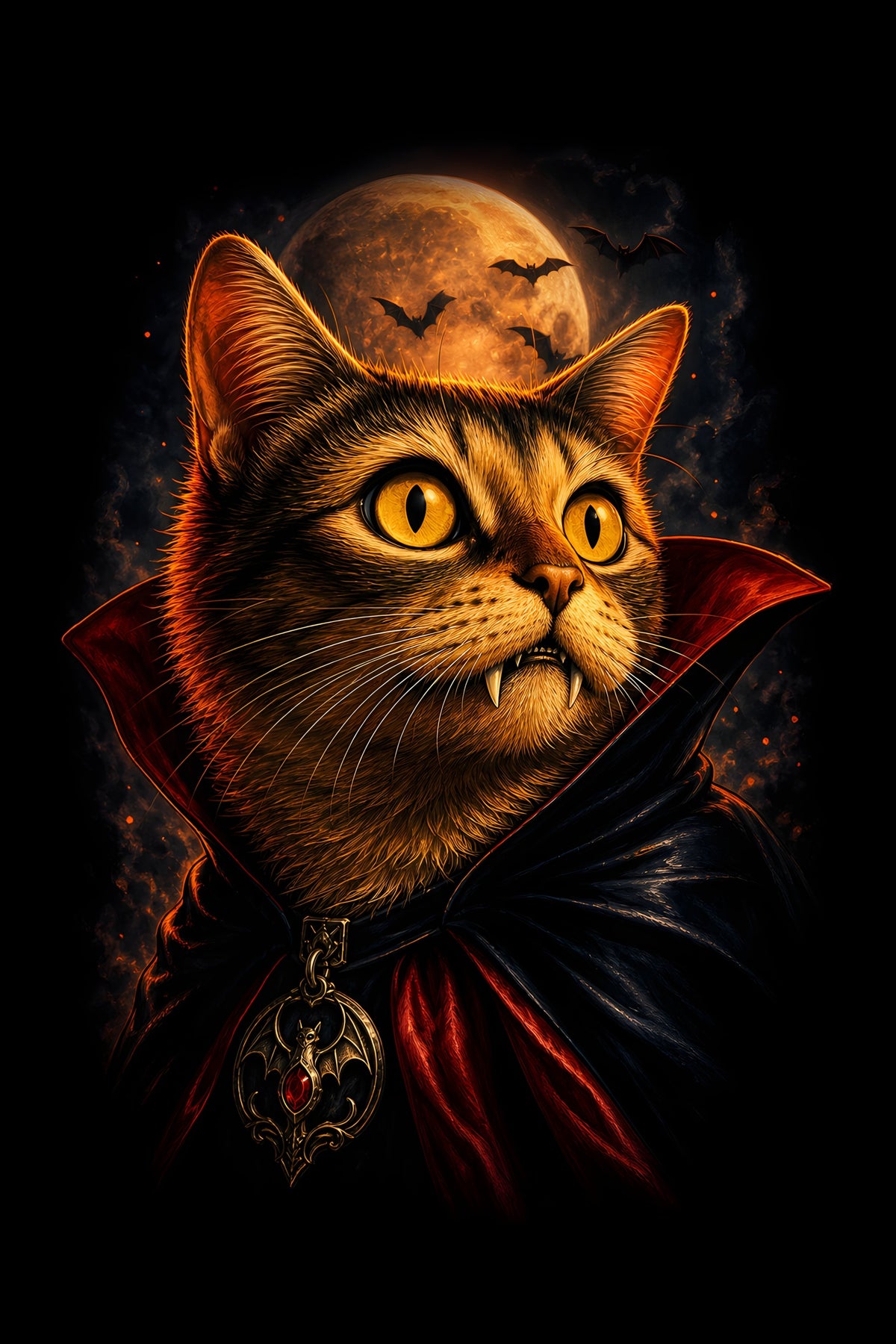 Vampire Cat at Full Moon - Halftone DTF transfer - Prints best on darks