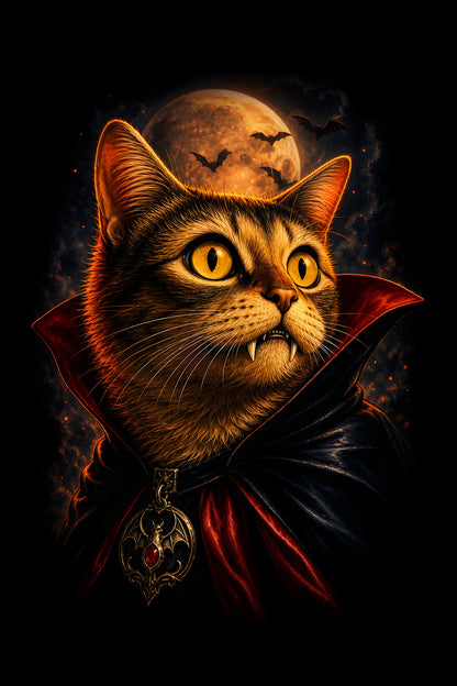 Vampire Cat at Full Moon - Halftone DTF transfer - Prints best on darks