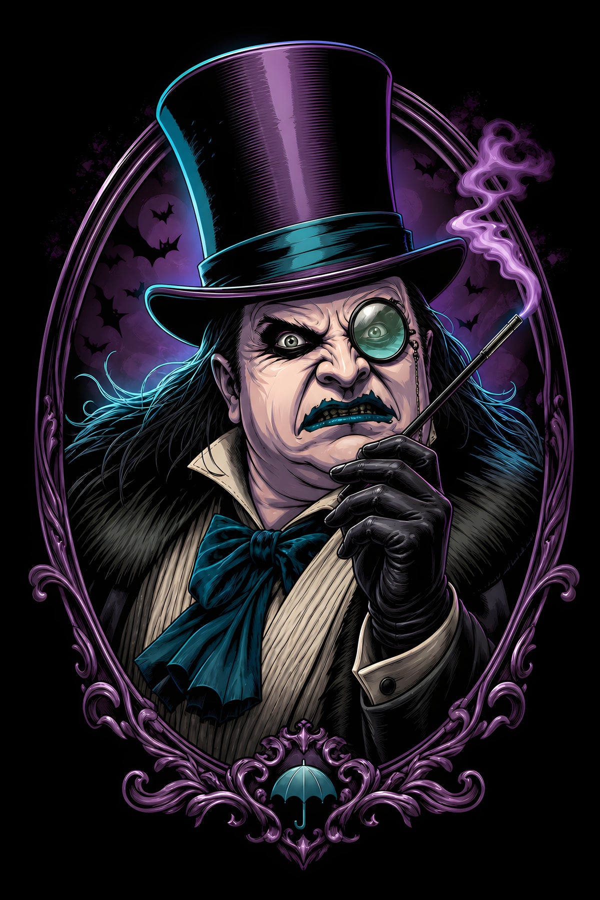 Penguin Villain with Top Hat - Halftone DTF transfer - Prints best on darks