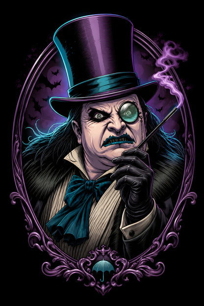 Penguin Villain with Top Hat - Halftone DTF transfer - Prints best on darks