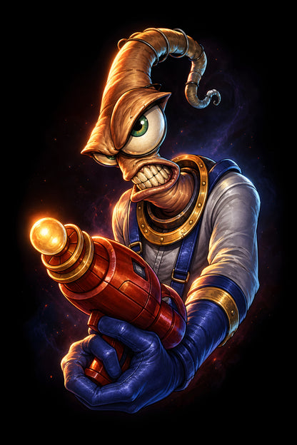 Earthworm Jim Space Blaster - Halftone DTF transfer - Prints best on darks
