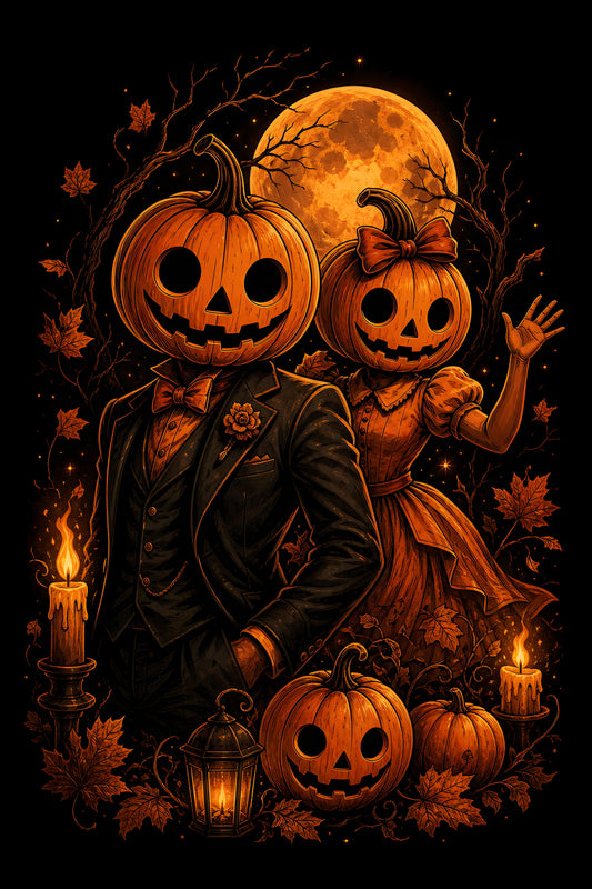Halloween Pumpkin Couple - Halftone DTF transfer - Prints best on darks