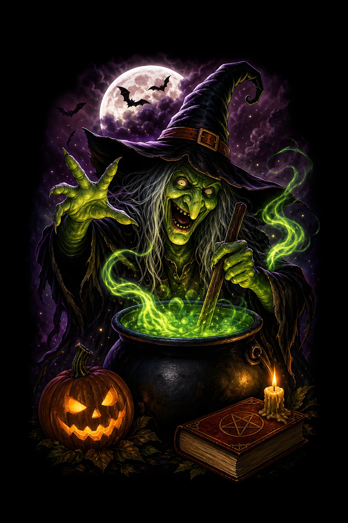 Witch and Glowing Cauldron - Halftone DTF transfer - Prints best on darks