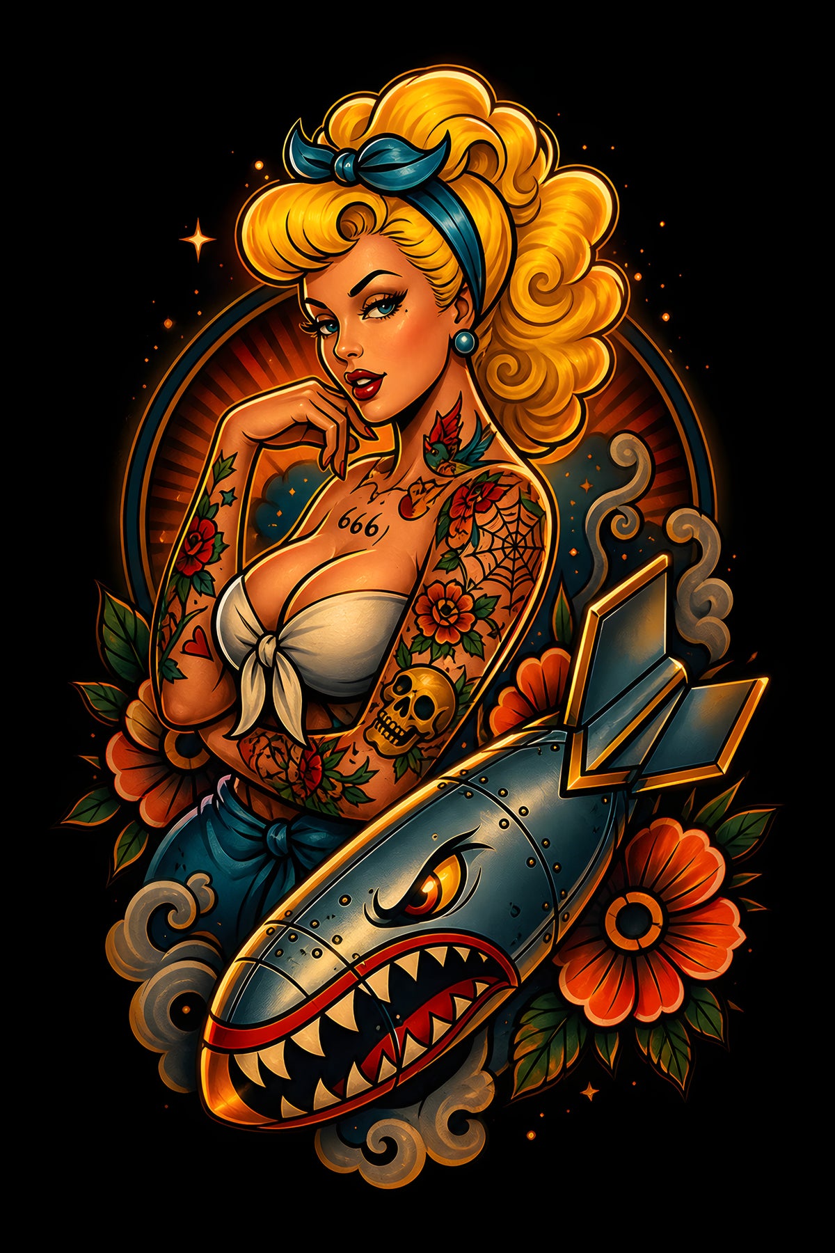 Tattoo Pin-Up and Shark Bomb - Halftone DTF transfer - Prints best on darks