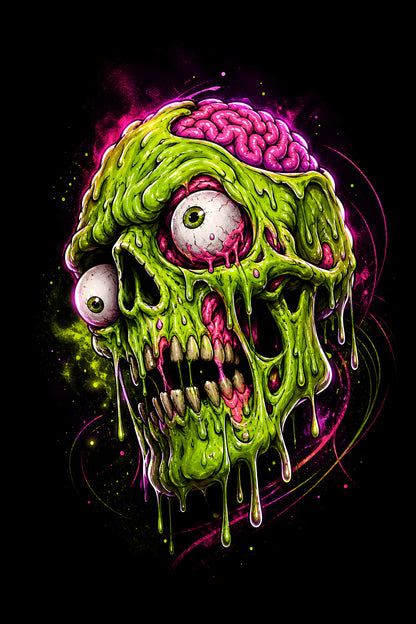 Neon Slime Zombie Skull - Halftone DTF transfer - Prints best on darks