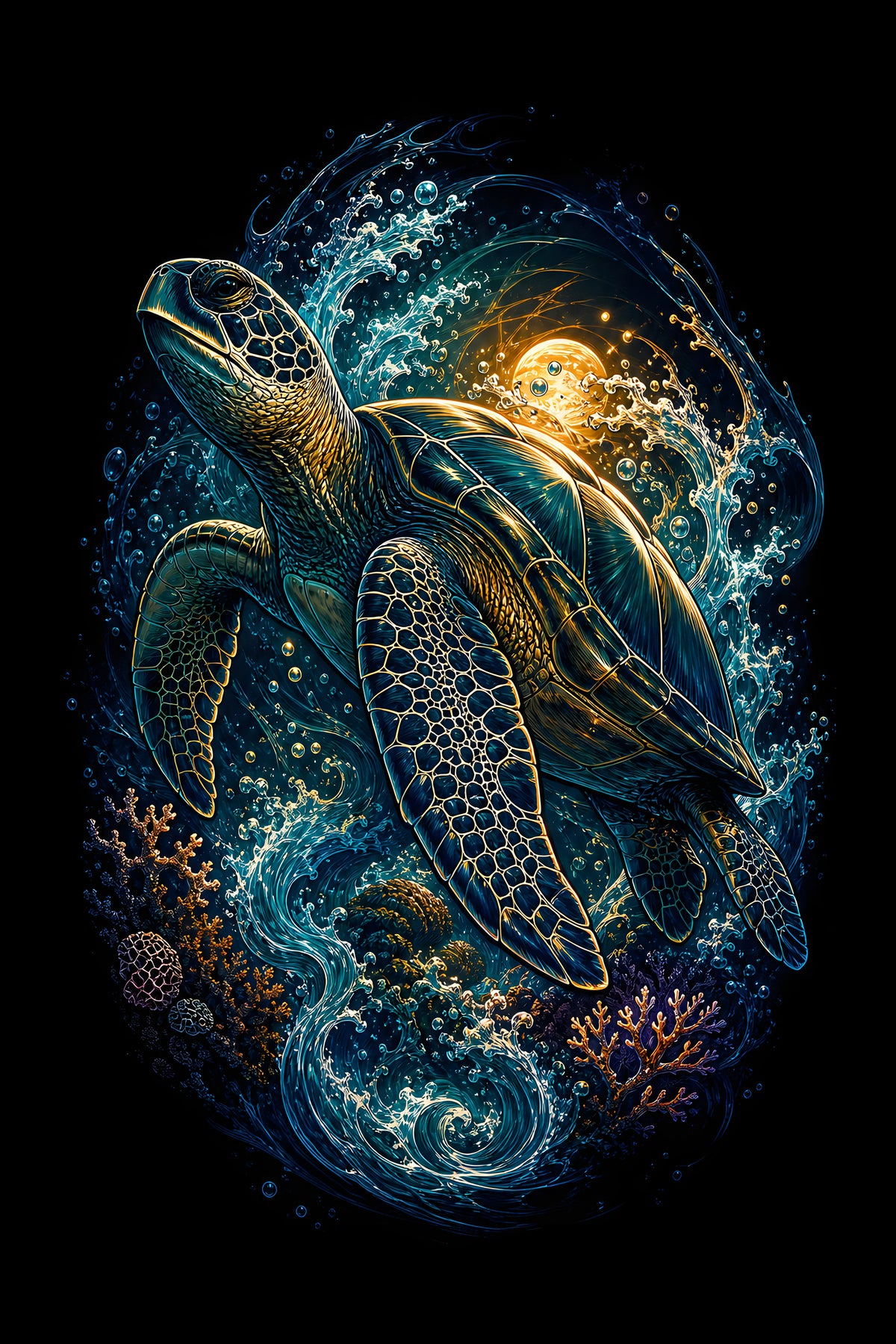 Sea Turtle Ocean Swirl - Halftone DTF transfer - Prints best on darks