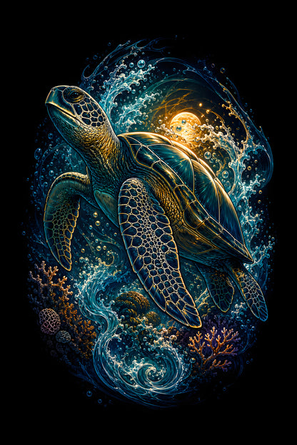 Sea Turtle Ocean Swirl - Halftone DTF transfer - Prints best on darks