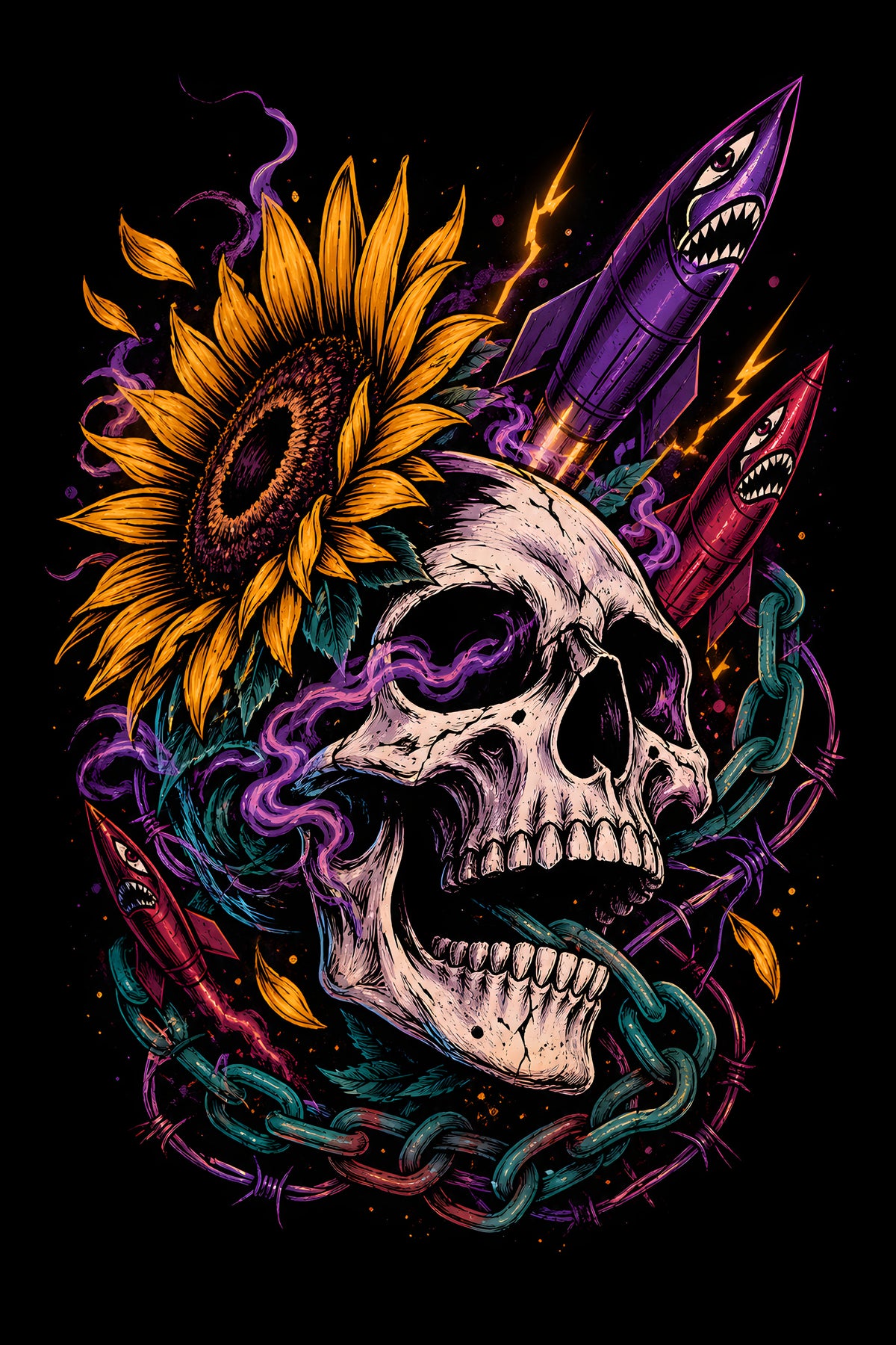 Sunflower Skull and Rockets - Halftone DTF transfer - Prints best on darks