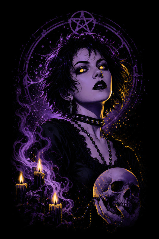 Gothic Witch and Purple Skull - Halftone DTF transfer - Prints best on darks