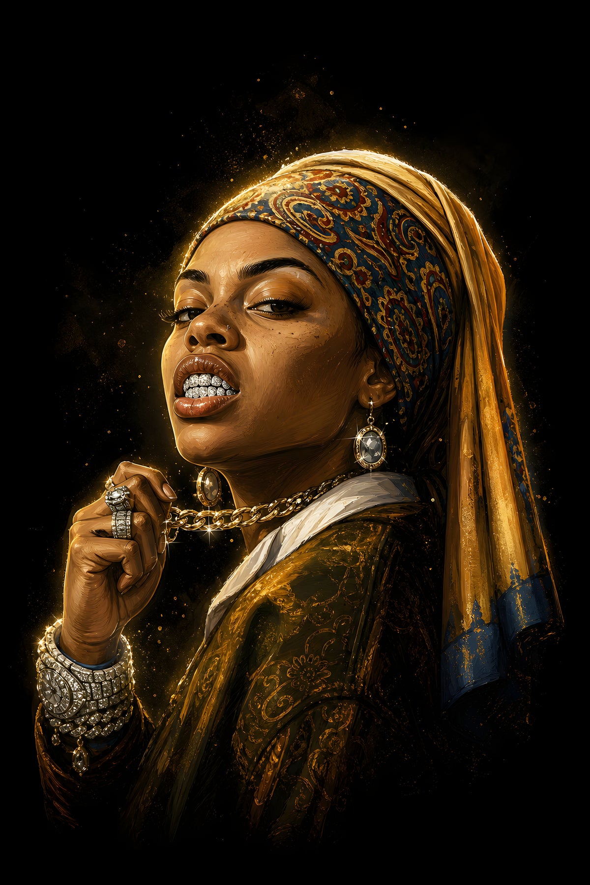 Golden Bandana and Grillz Portrait - Halftone DTF transfer - Prints best on darks