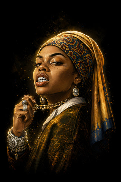 Golden Bandana and Grillz Portrait - Halftone DTF transfer - Prints best on darks