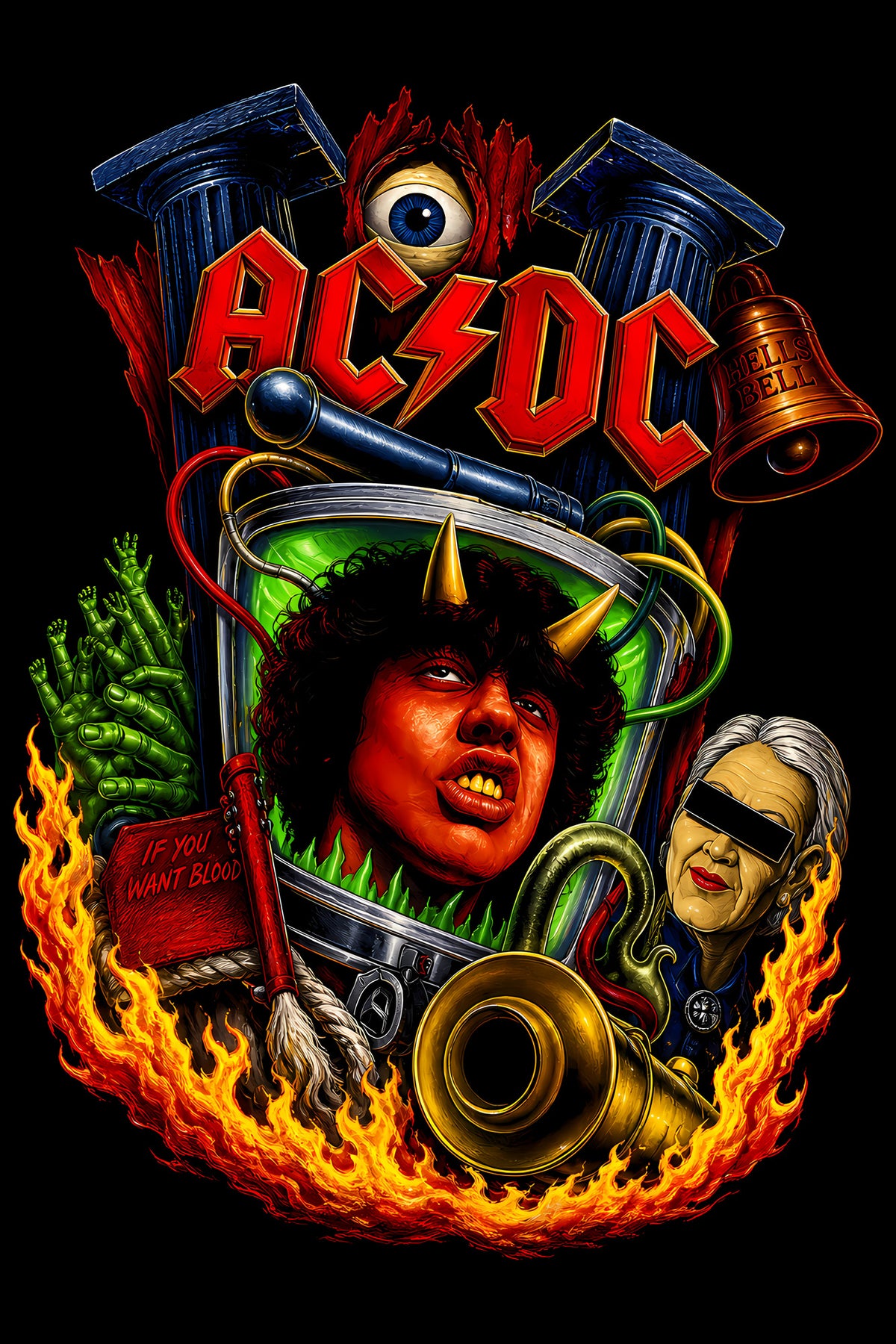 ACDC Rock Collage in Flames - Halftone DTF transfer - Prints best on darks