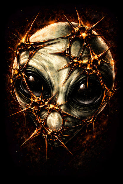 Alien Head with Crown of Thorns - Halftone DTF transfer - Prints best on darks