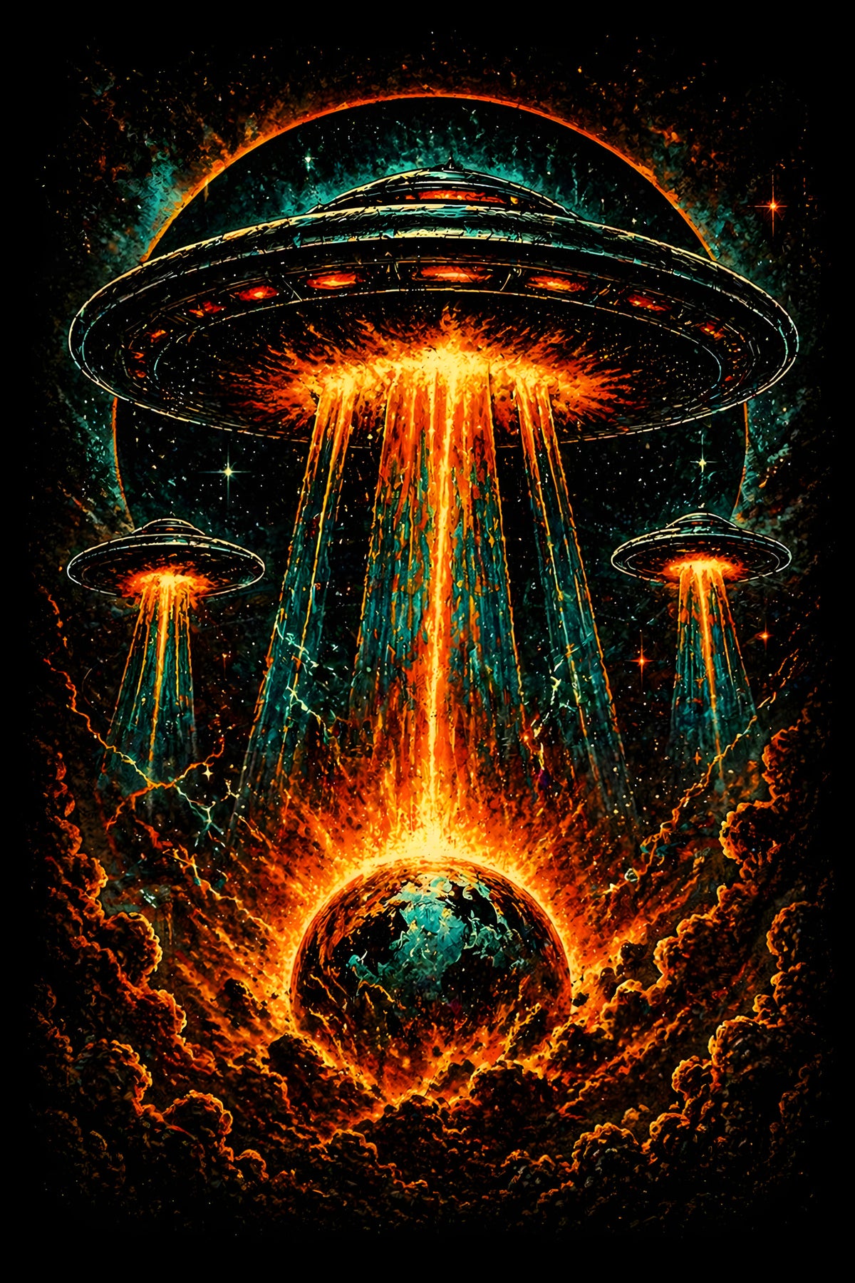 Alien Ships over Burning Earth - Halftone DTF transfer - Prints best on darks