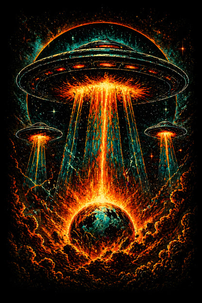 Alien Ships over Burning Earth - Halftone DTF transfer - Prints best on darks