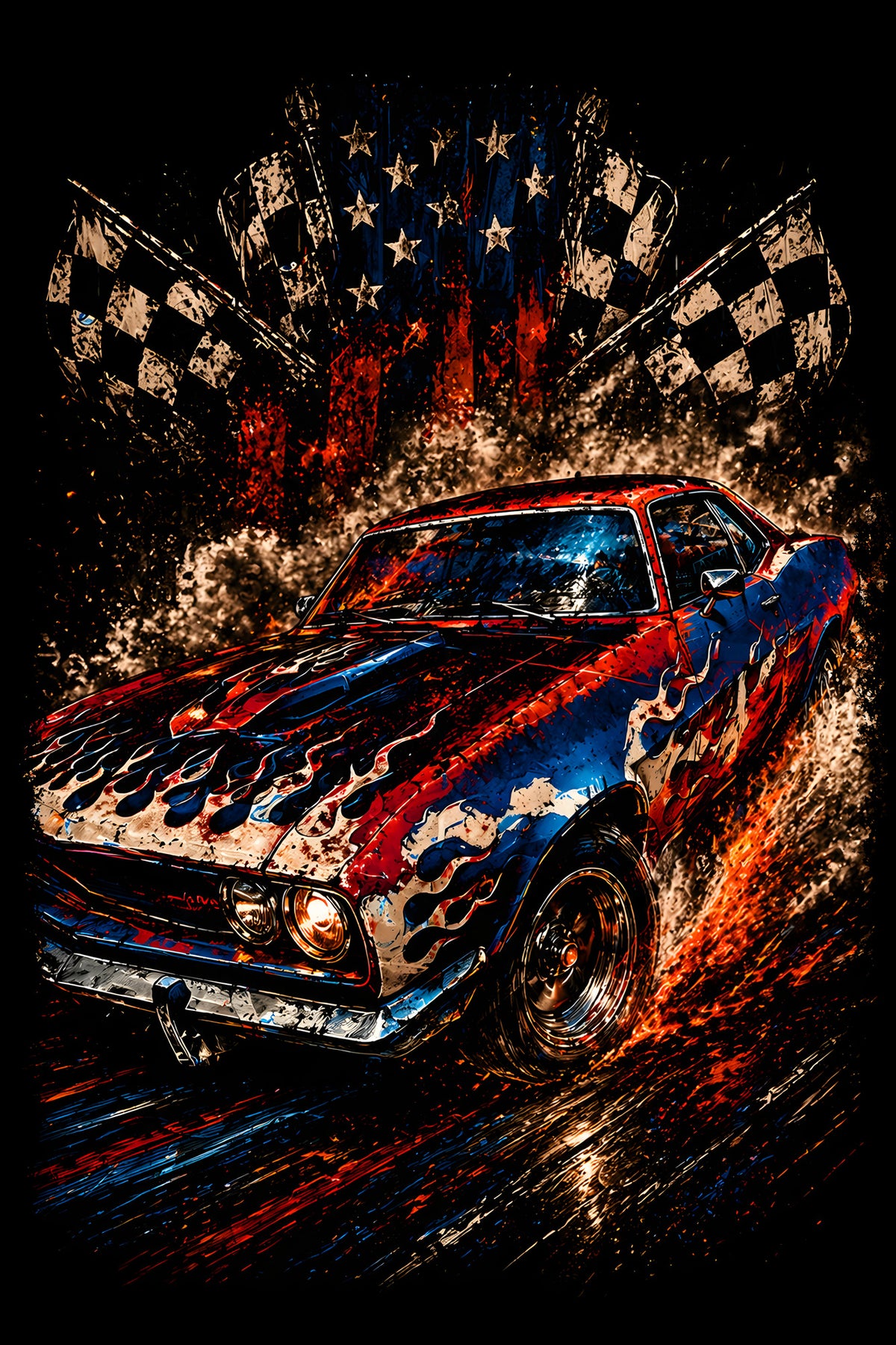 American Flag Muscle Car - Halftone DTF transfer - Prints best on darks
