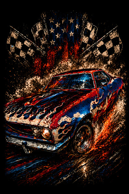 American Flag Muscle Car - Halftone DTF transfer - Prints best on darks