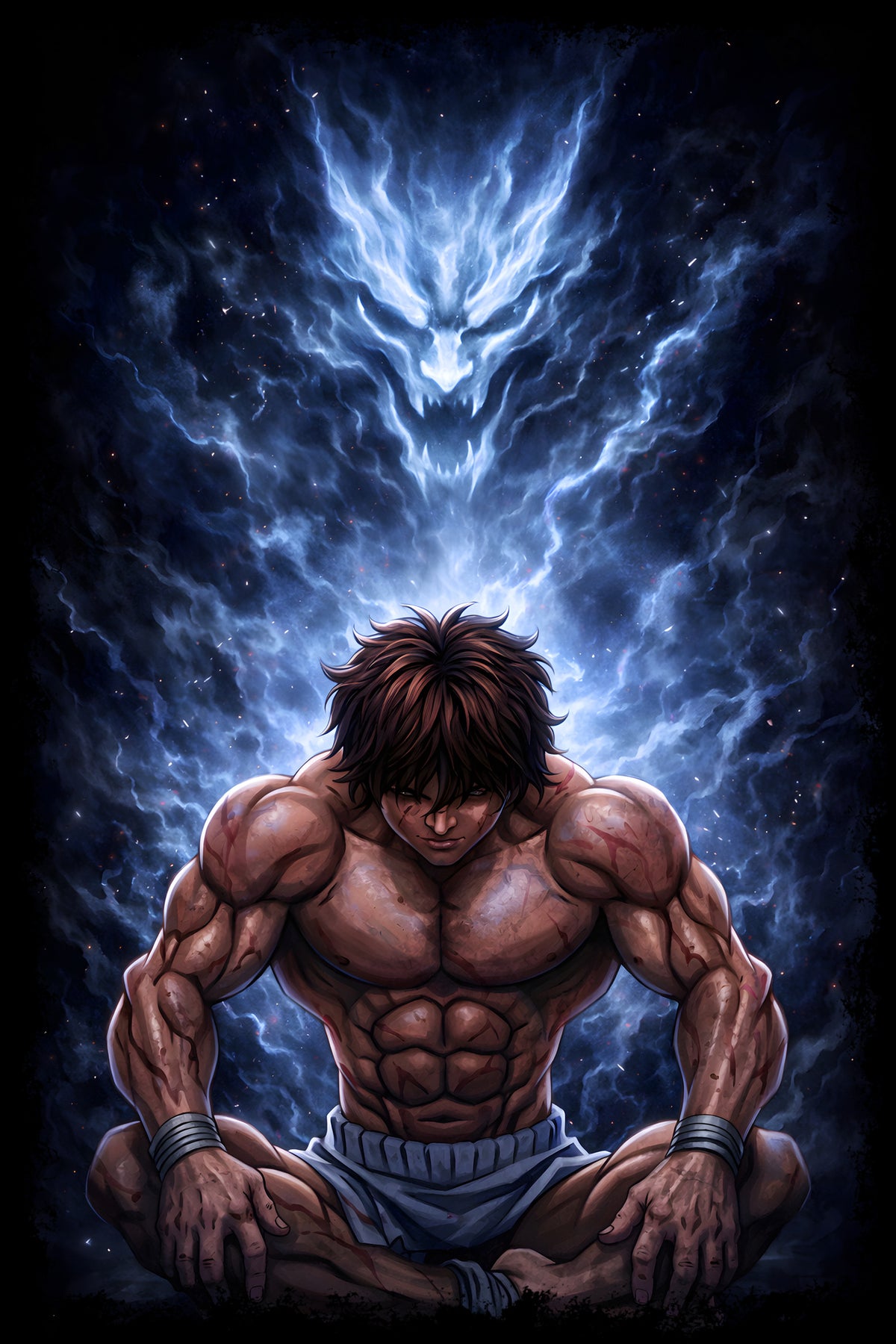 Anime Fighter and Blue Dragon Aura - Halftone DTF transfer - Prints best on darks