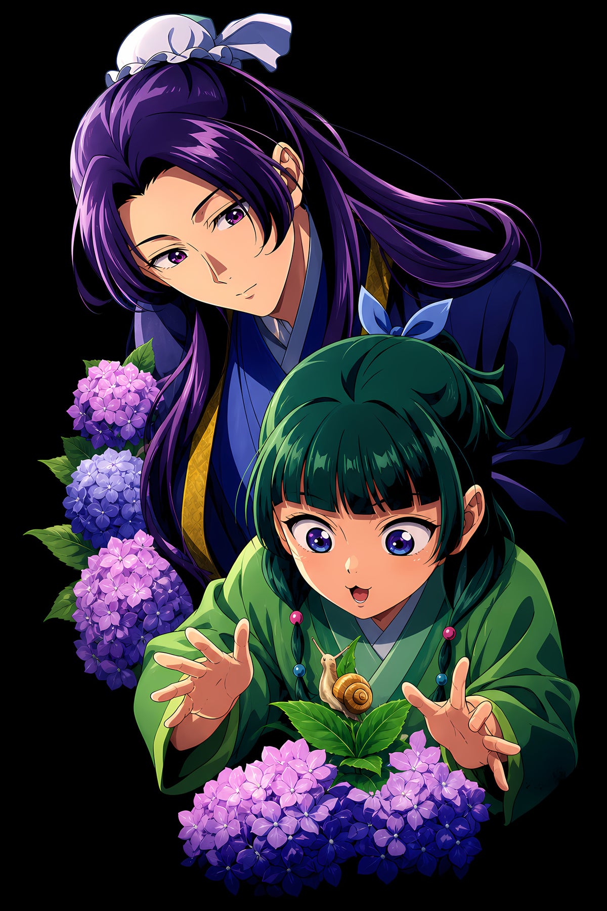 Anime Women and Purple Flowers - Halftone DTF transfer - Prints best on darks