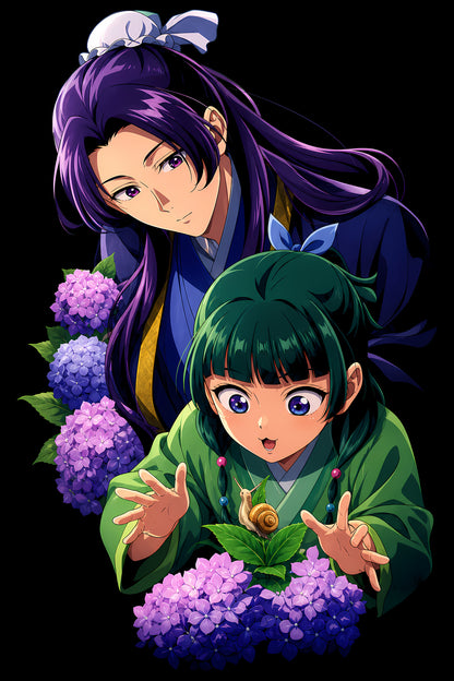 Anime Women and Purple Flowers - Halftone DTF transfer - Prints best on darks