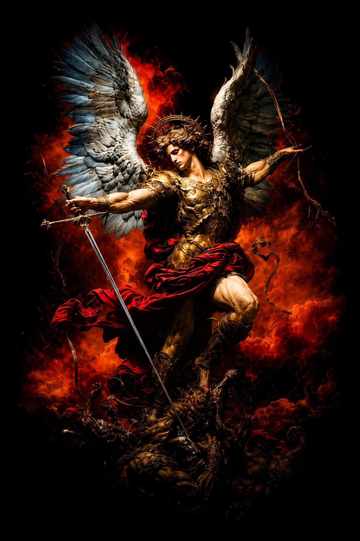Archangel with Flaming Sword - Halftone DTF transfer - Prints best on darks