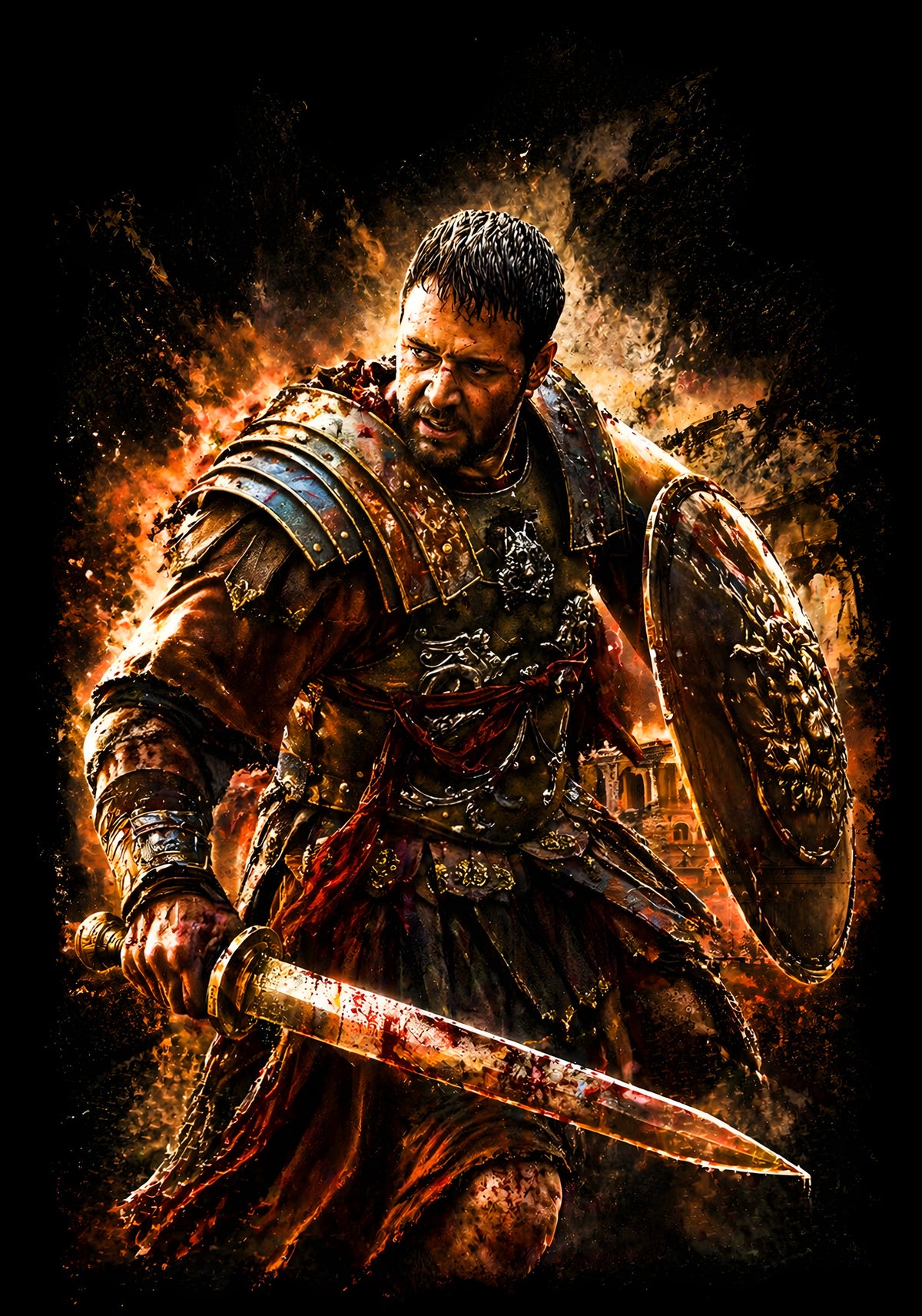 Armored Gladiator with Sword - Halftone DTF transfer - Prints best on darks