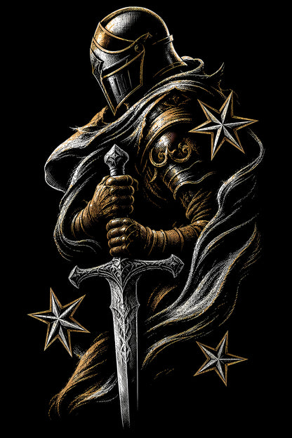 Armoured Knight with Sword - Halftone DTF transfer - Prints best on darks