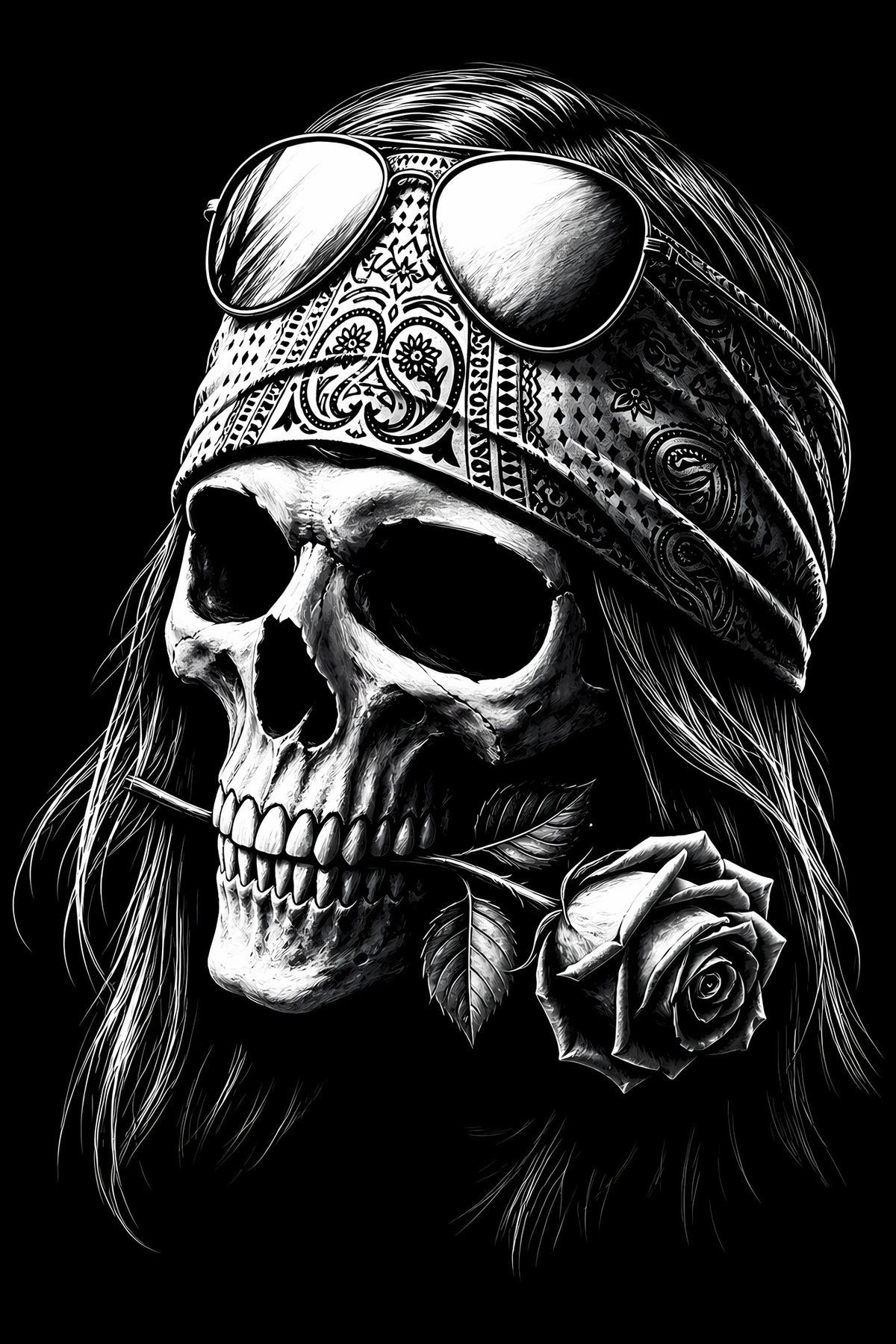 Bandana Skull and White Rose - Halftone DTF transfer - Prints best on darks