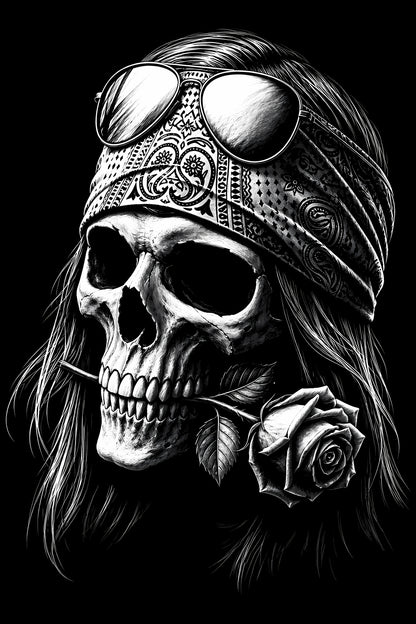 Bandana Skull and White Rose - Halftone DTF transfer - Prints best on darks