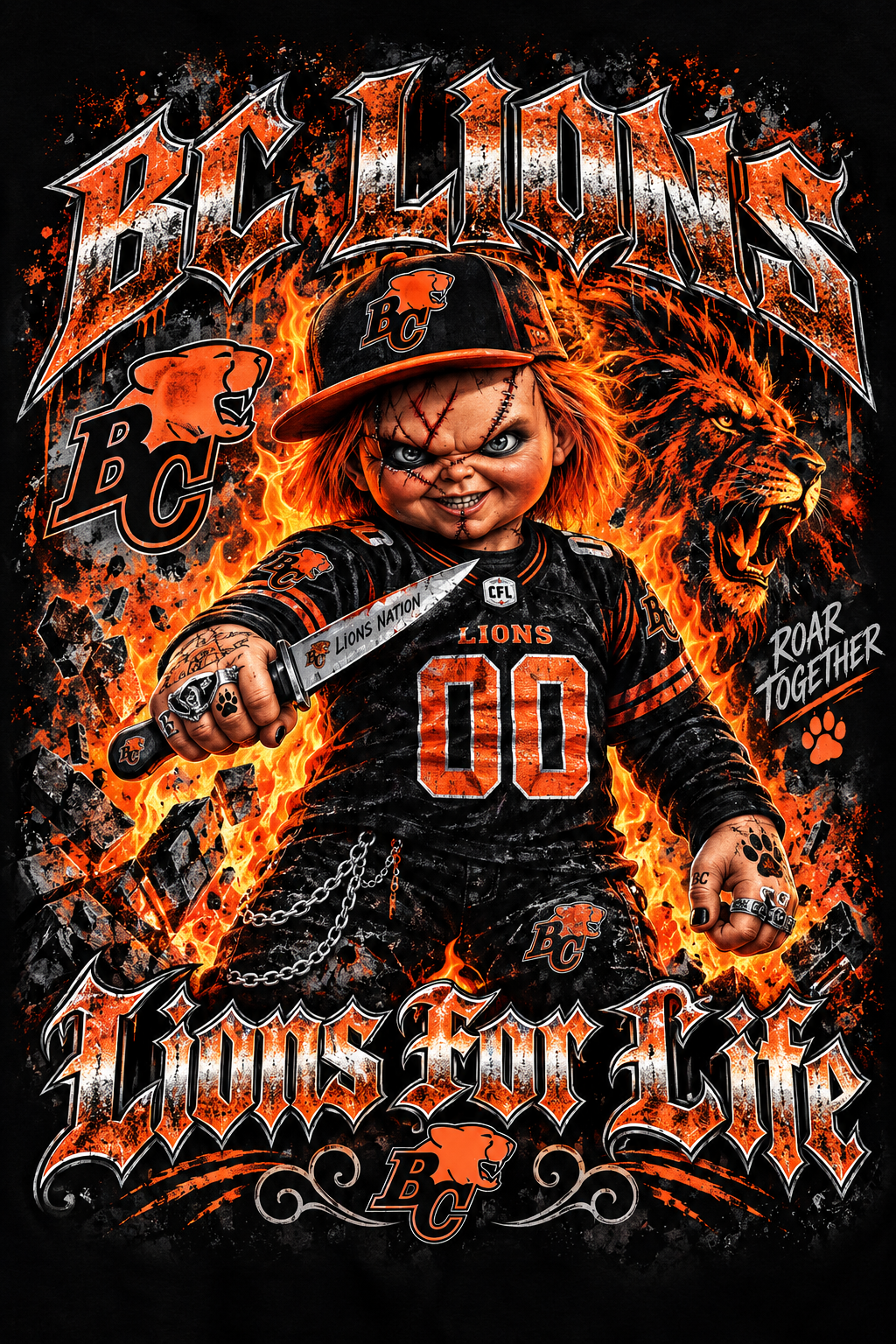 BC Lions Chucky - Lions for Life - Halftone DTF Transfer - Prints best on darks