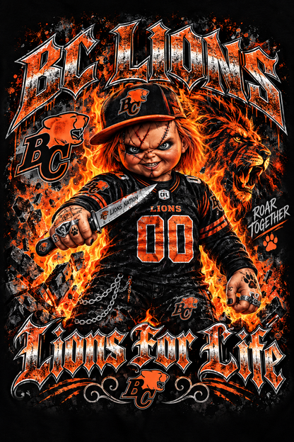 BC Lions Chucky - Lions for Life - Halftone DTF Transfer - Prints best on darks