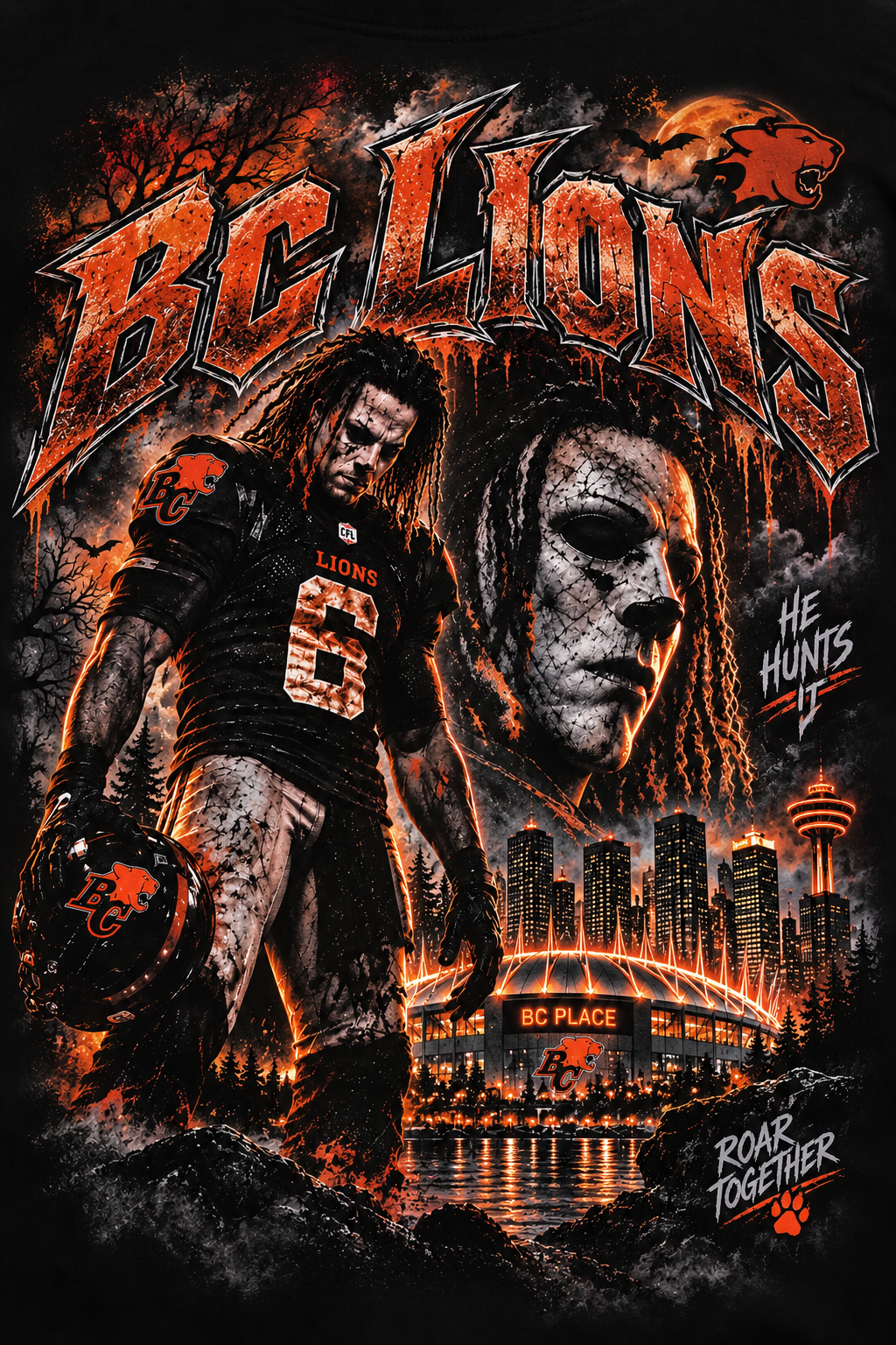BC Lions He Hunts It - Halloween Moon - Halftone DTF Transfer - Prints best on darks