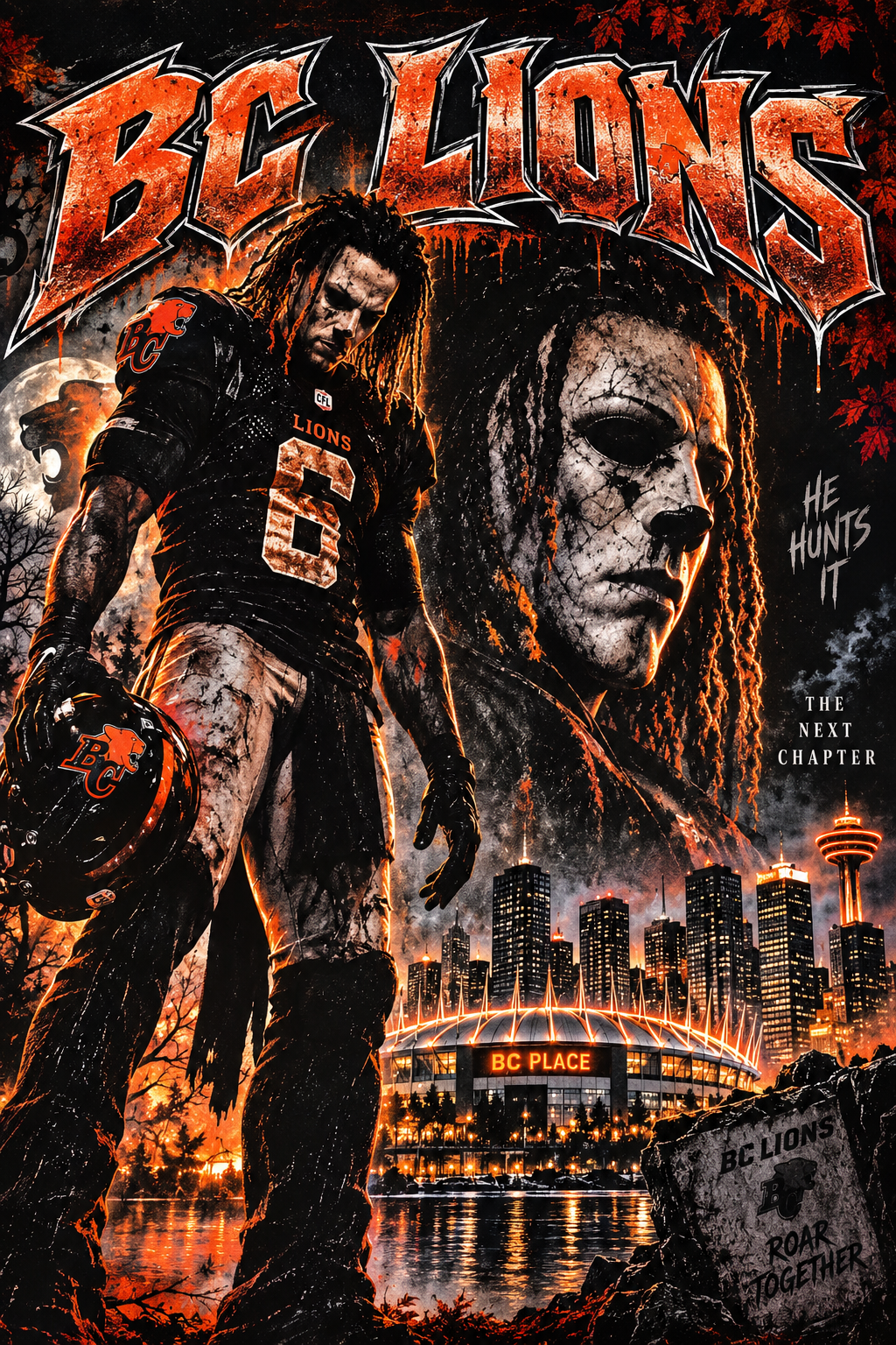 BC Lions He Hunts It - The Next Chapter - Halftone DTF Transfer - Prints best on darks