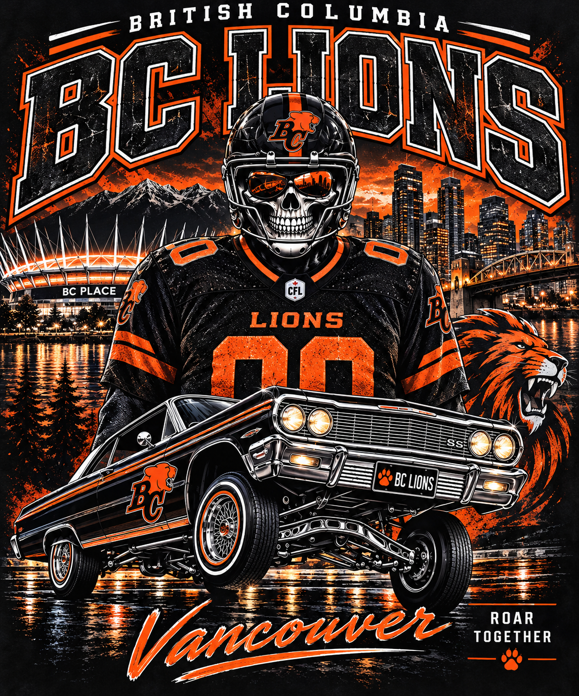 BC Lions Skull and Lowrider - Halftone DTF Transfer - Prints best on darks