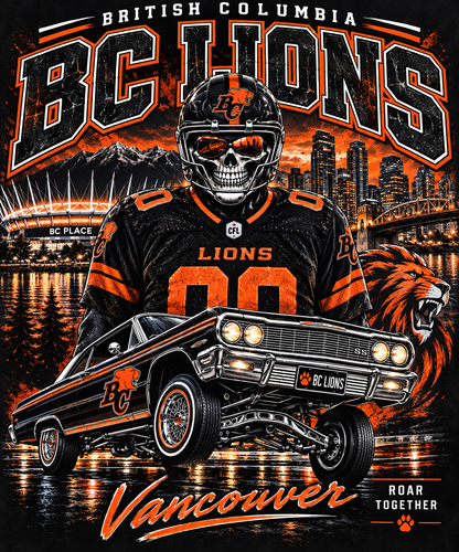 BC Lions Skull and Lowrider - Halftone DTF Transfer - Prints best on darks