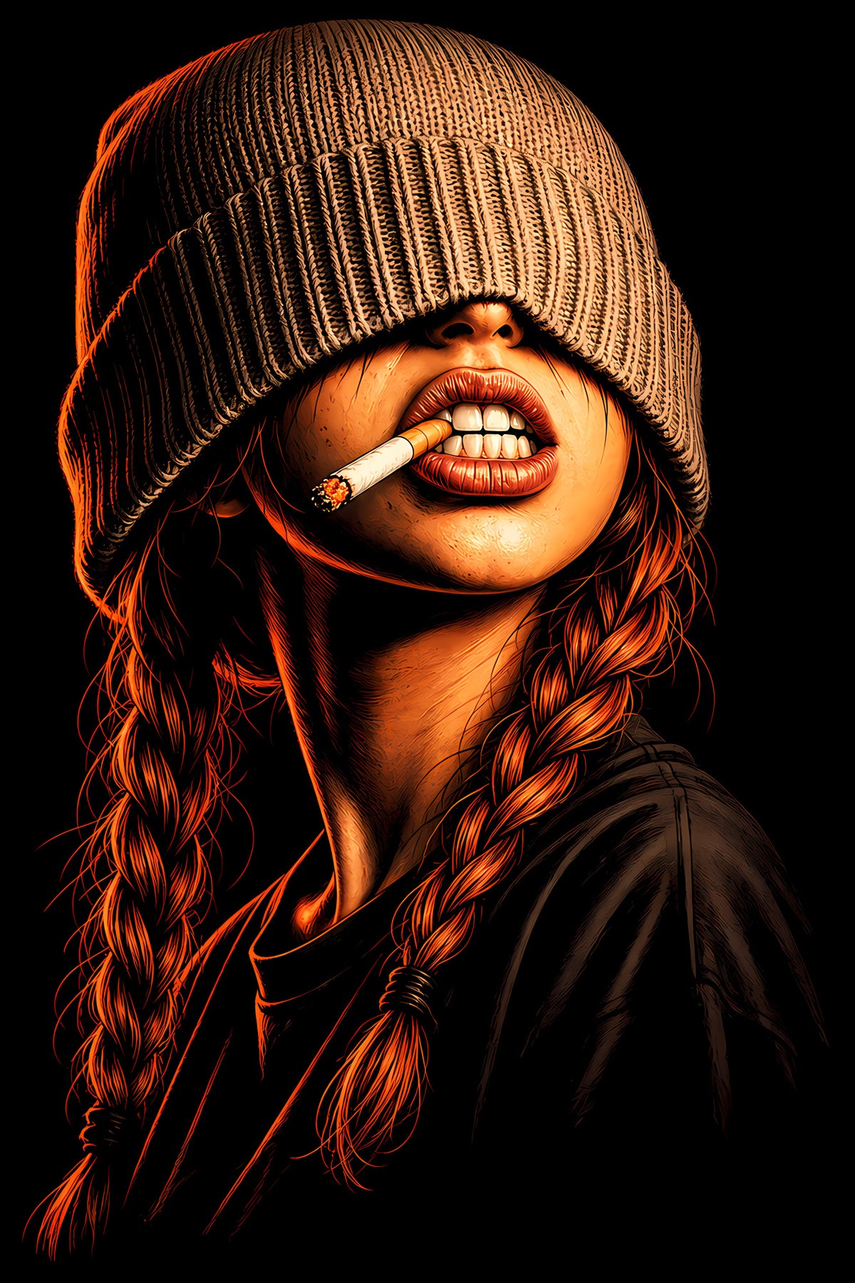 Beanie-Wearing Woman with Cigarette - Halftone DTF transfer - Prints best on darks