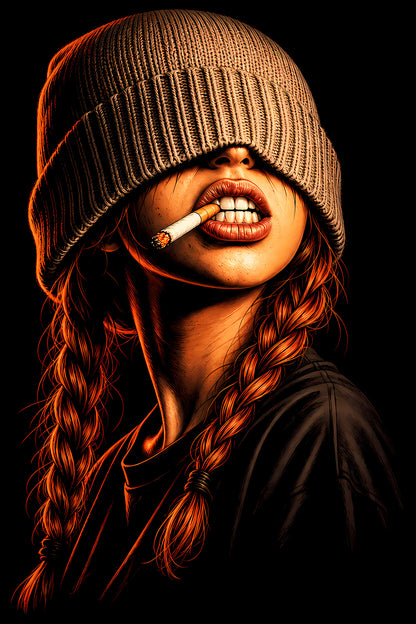 Beanie-Wearing Woman with Cigarette - Halftone DTF transfer - Prints best on darks