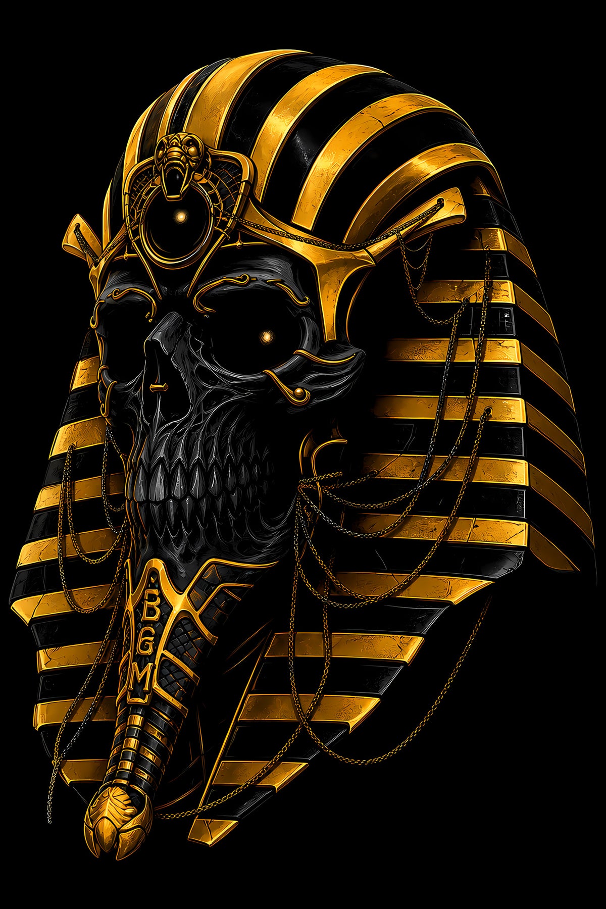 Black and Gold Pharaoh Skull - Halftone DTF transfer - Prints best on darks