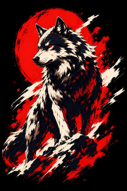 Black and White Wolf with Red Sun - Halftone DTF transfer - Prints best on darks