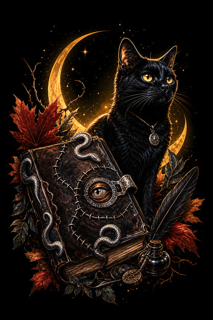 Black Cat and Spellbook - Halftone DTF transfer - Prints best on darks