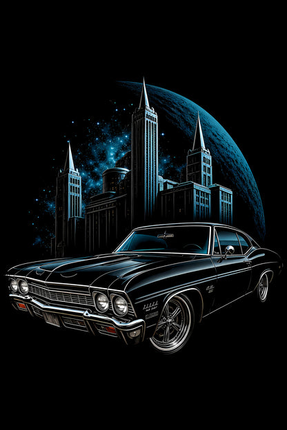 Black Classic Car and Moonlit Skyline - Halftone DTF transfer - Prints best on darks