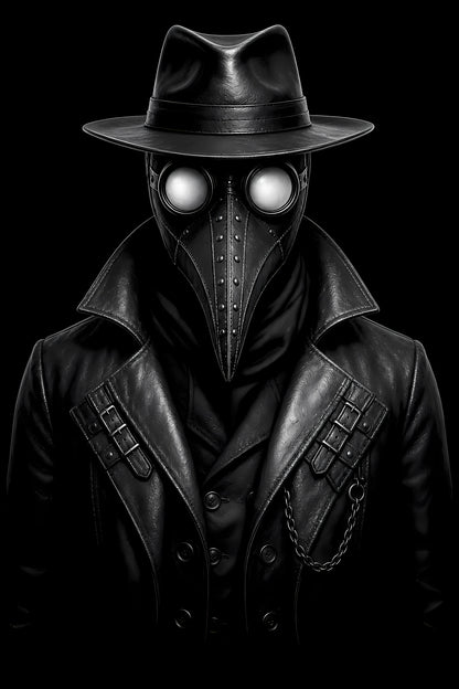 Black Plague Doctor - Halftone DTF transfer - Prints best on darks