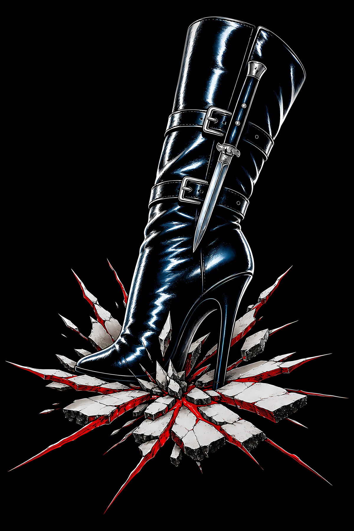 Black Stiletto Boot Breaking Glass - Halftone DTF transfer - Prints best on darks
