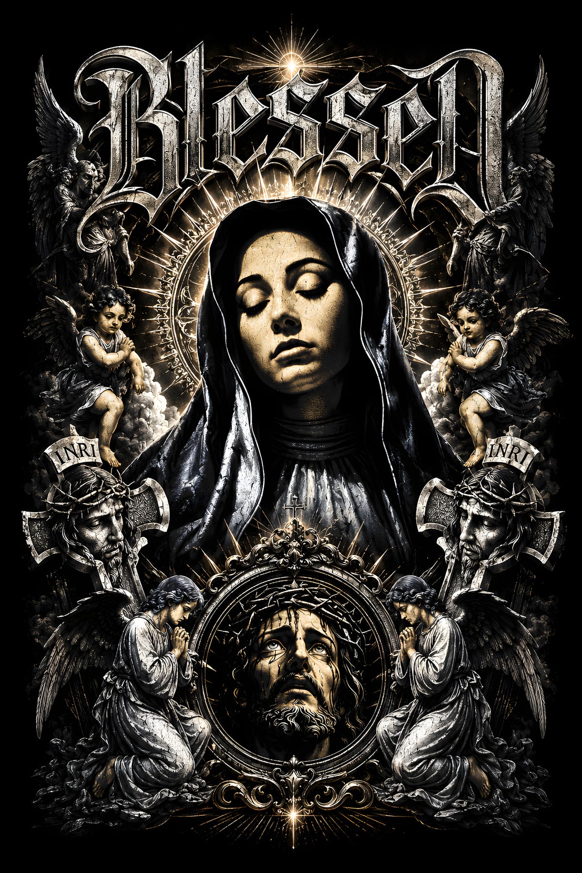 Blessed Gothic Mary - Halftone DTF transfer - Prints best on darks