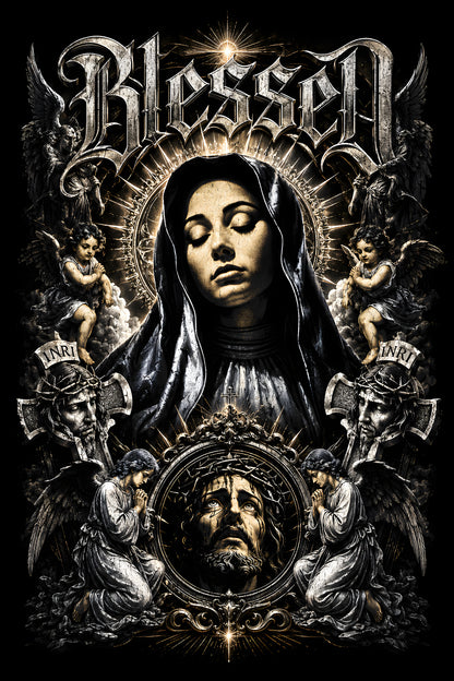 Blessed Gothic Mary - Halftone DTF transfer - Prints best on darks