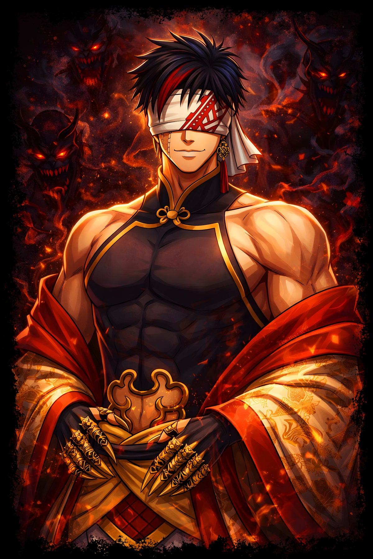 Blindfolded Anime Fighter - Halftone DTF transfer - Prints best on darks