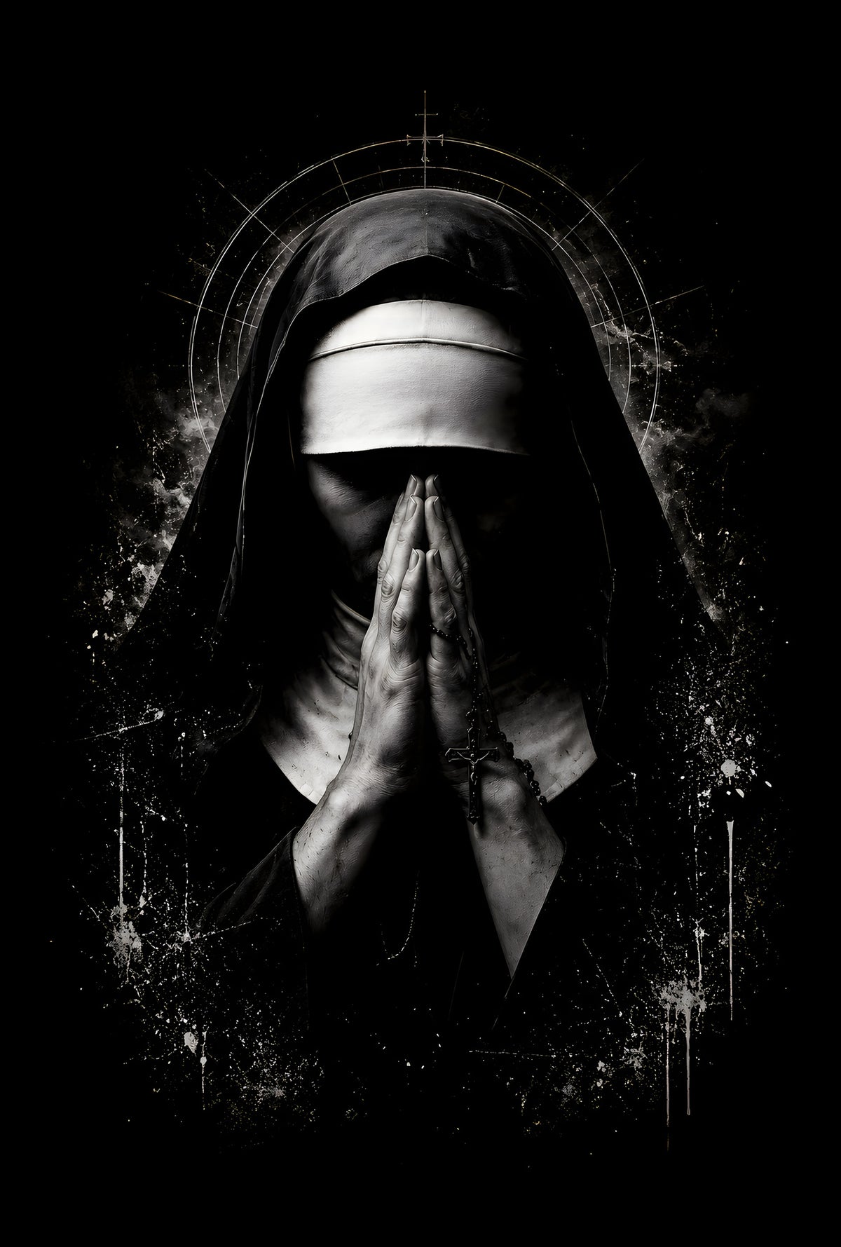 Blindfolded Gothic Nun - Halftone DTF transfer - Prints best on darks