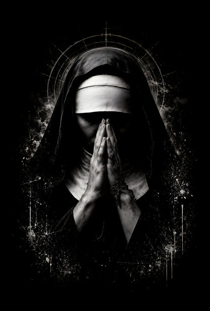 Blindfolded Gothic Nun - Halftone DTF transfer - Prints best on darks