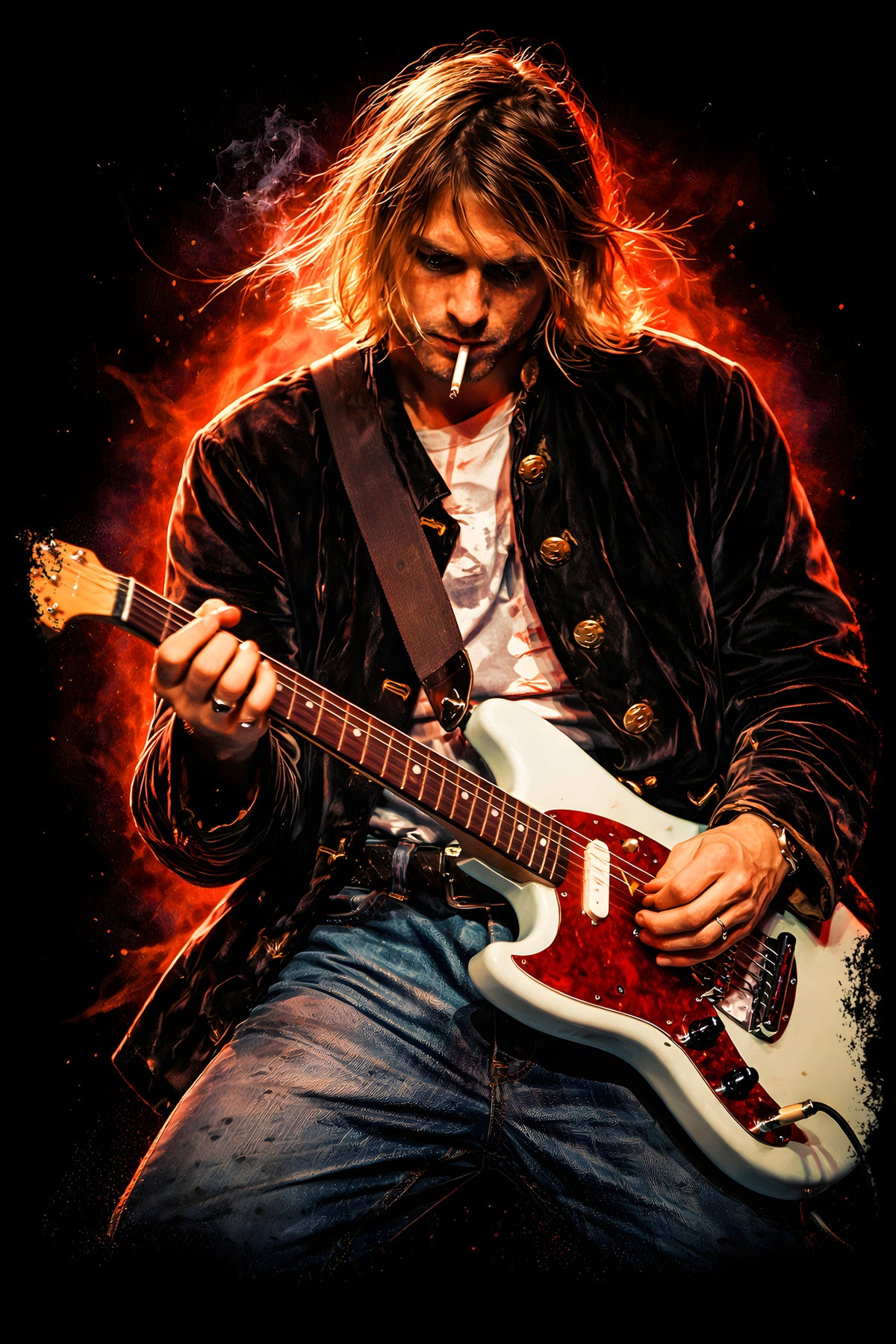 Blond Guitarist with Red Guitar - Halftone DTF transfer - Prints best on darks